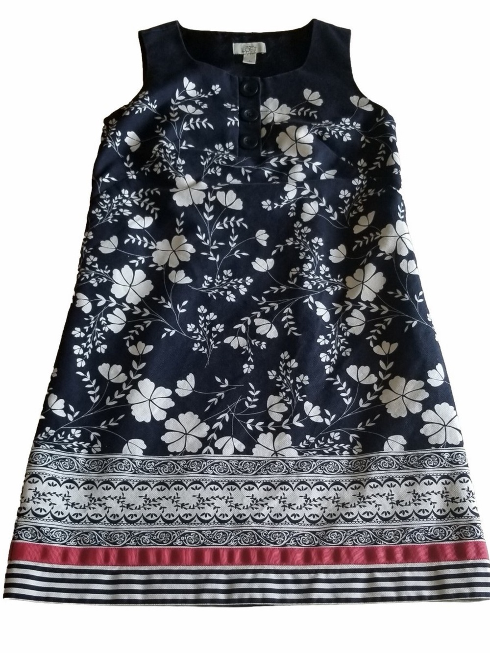 LOFT Navy Floral Sleeveless Midi Dress with Pink Hem Stripe